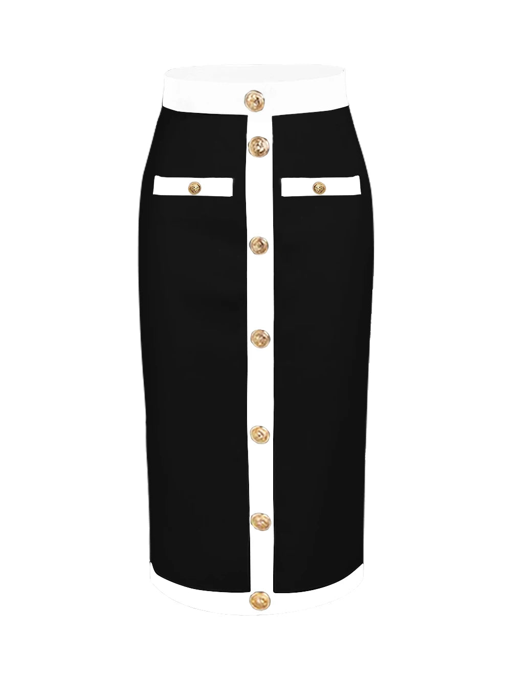 est Women Button Patchwork White Black Bodycon Bandage Skirt 2023 Designer High Waist Party Club Pencil Skirt 60cm