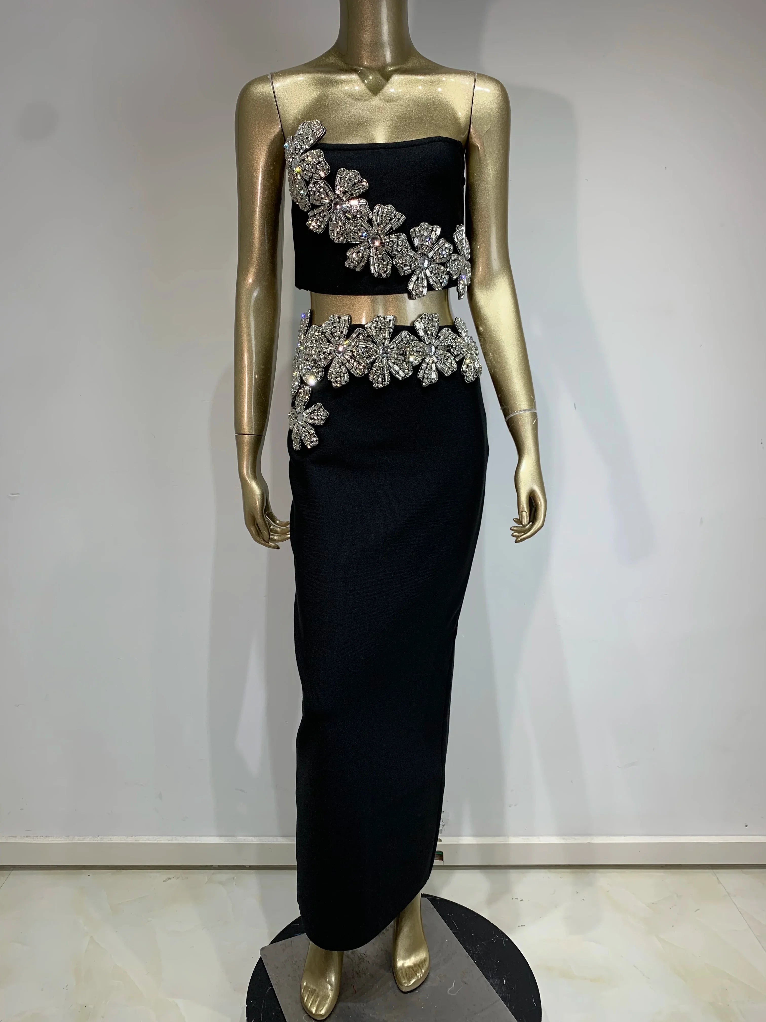 Conjunto feminino sexy sem alças com flor diamantes cristal preto maxi saia longa bandagem malha elegante roupa de festa para clube à noite