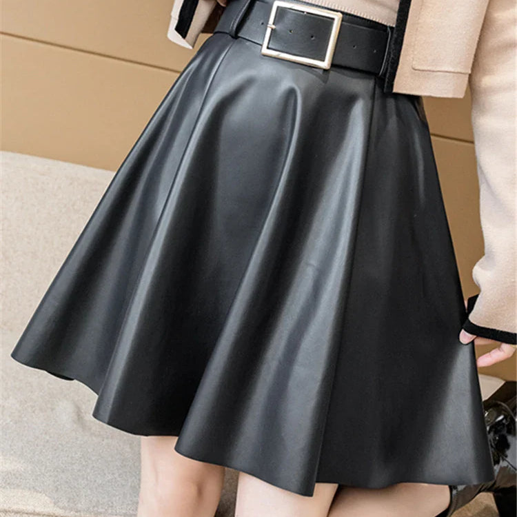 REALEFT Women's PU Leather Skirts With Belted 2022 New Fashion Solid Color High Waist Casual Short Ladies A-Line Skirts Female
