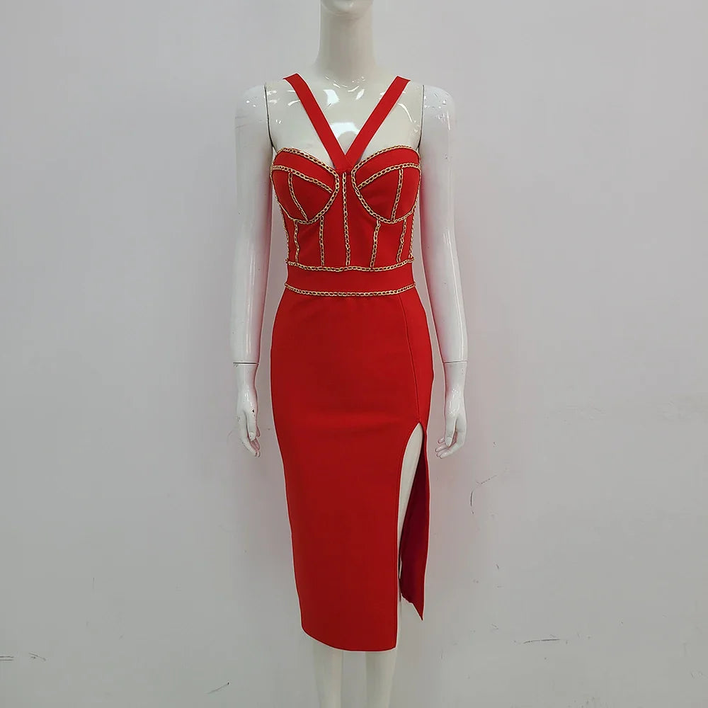 Ailigou High Quality Brand New Red Chain Sleeveless V-Neck Tight Midi Bandage Dress Tights Celebrity Club Party Dress Vesidos Red