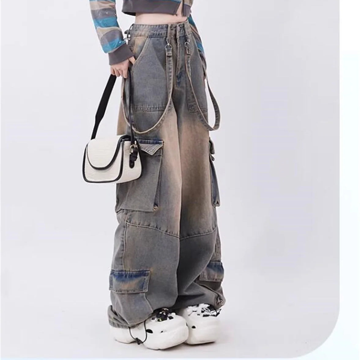 Y2k Cargo Jeans Pants Women Rave Pants Street Oversize Loose Wide-leg Pockets Female Pant Vintage Hip Hop Denim Trousers