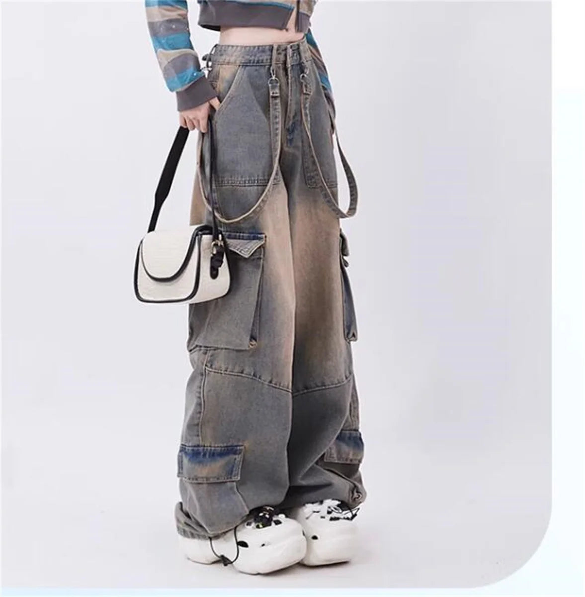 Y2k Cargo Jeans Pants Women Rave Pants Street Oversize Loose Wide-leg Pockets Female Pant Vintage Hip Hop Denim Trousers