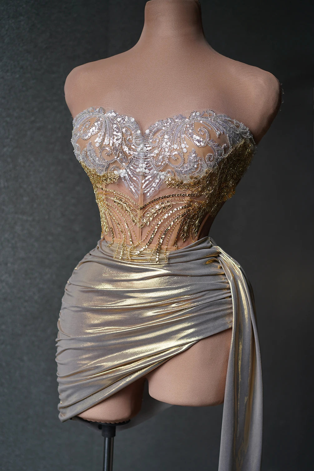 Sparkly Beading Sequins Strapless 2 Pieces Bodycon Mini Dress Fashion Nightclub Party Bar Singer Performance Costume Stage Wear