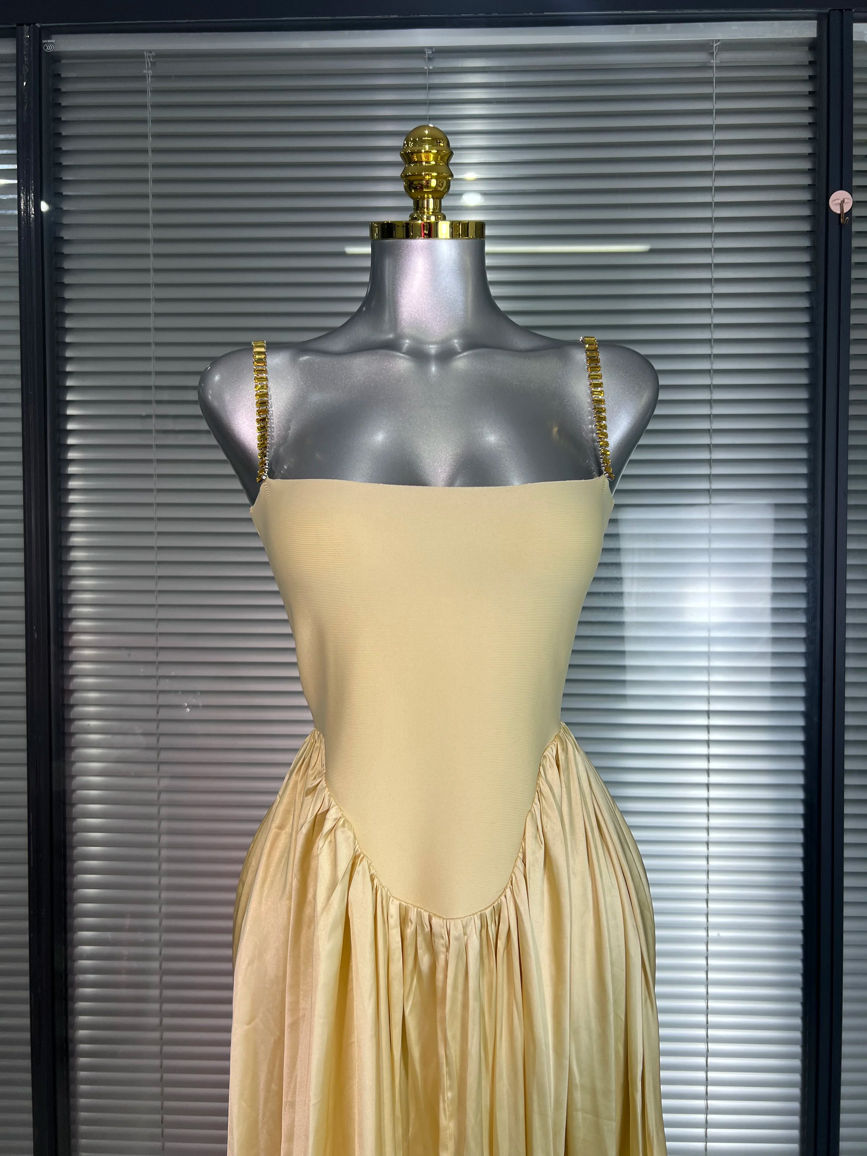 Summer New 2025 Women Luxury Sexy Chain Straps Yellow Long Gowns Bandage Dress Elegant Celebrity Evening Party Dress