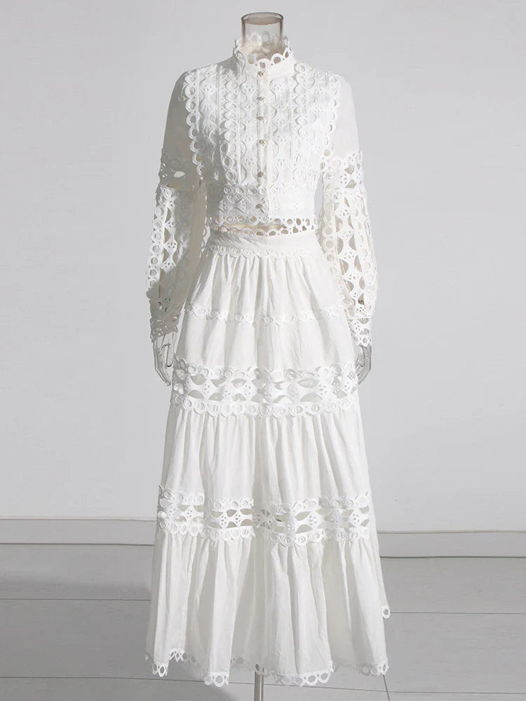 TWOTWINSTYLE Elegant Two Piece Sets For Women Stand Collar Lantern Sleeve Tops High Waist Skirt Hollow Out Set Female Clothing WHITE