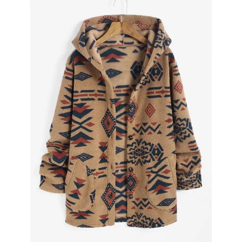 Stay Cozy This Winter with ZAFUL Women's Hooded Aztec Print Geometric Jacket Deep Coffee