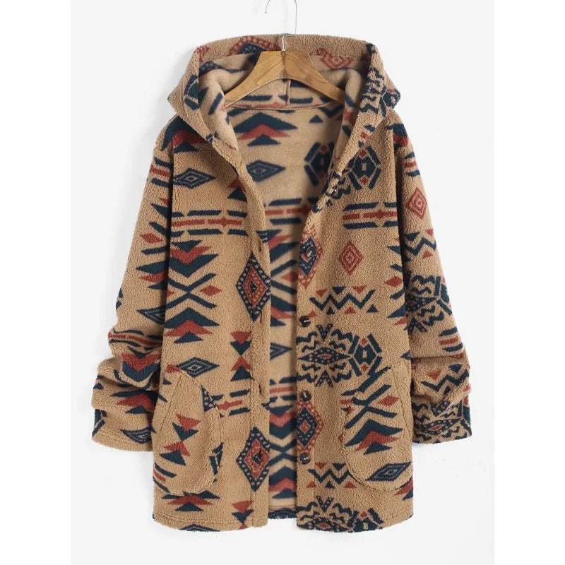 Stay Cozy This Winter with ZAFUL Women's Hooded Aztec Print Geometric Jacket Deep Coffee