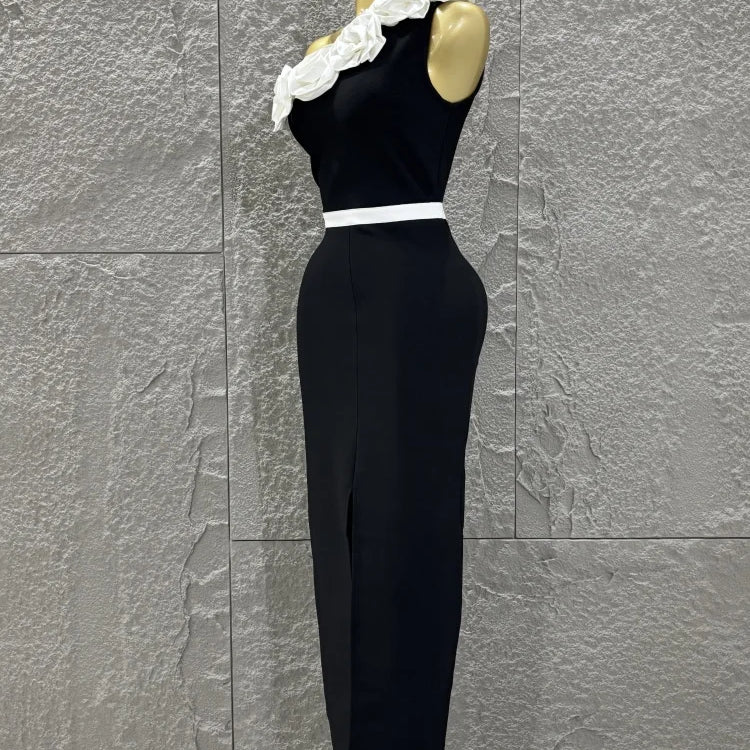 High Quality Women Sexy One Shoulder White Florals Bodycon Long Bandage Dress Celebrate Nightclub Party Fashion Outfit