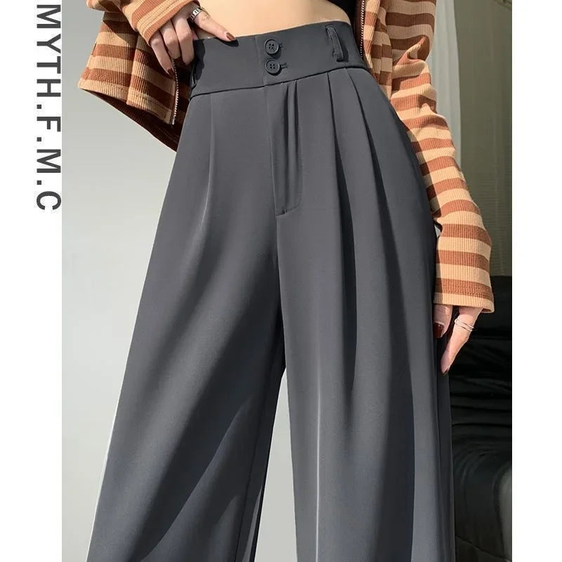 Women’s Wide Leg Pants Women Korean Style High Waist Black Trouser Office Ladies Fashion Loose Grey Suit Trousers Streetwear GRAY