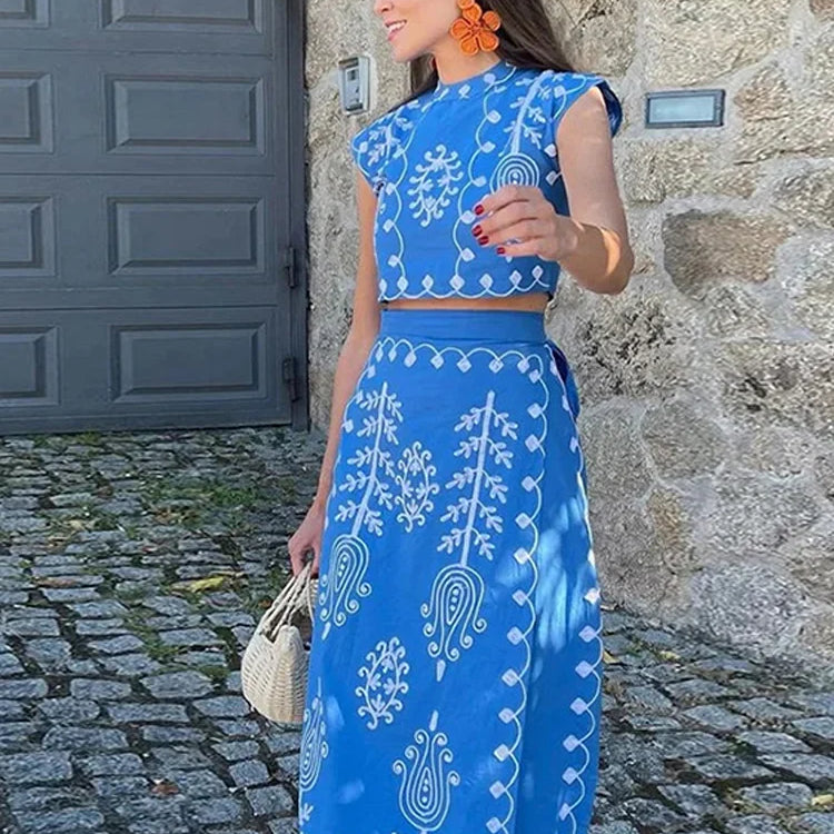 Vintage Printed Pleated Suit Dress Shoulder Pads Puff Sleeve V-neck Top High Waist Skirt Female New Spring Autumn Lady Suit Light green