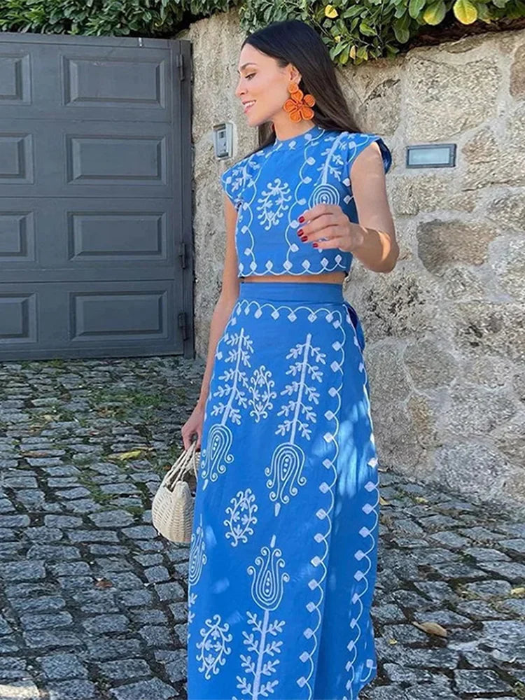 Vintage Printed Pleated Suit Dress Shoulder Pads Puff Sleeve V-neck Top High Waist Skirt Female New Spring Autumn Lady Suit Light green