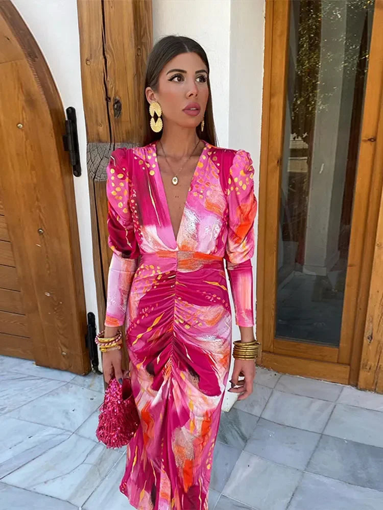 Elegant Tye Die Print Pleated Bodycon Maxi Dress Women Vintage Long Sleeve V-neck A-line Dresses Ladies Holiday Party Robes