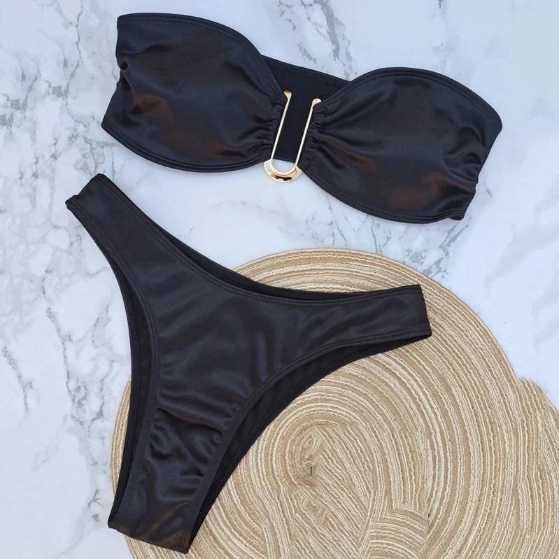 Sexy U Shaped Bandeau Bikinis Set Mujer Strapless Swimwear Women Gold Swimsuit Bathing Suit Biquinis Brazilian Bikini Swim 2024 black