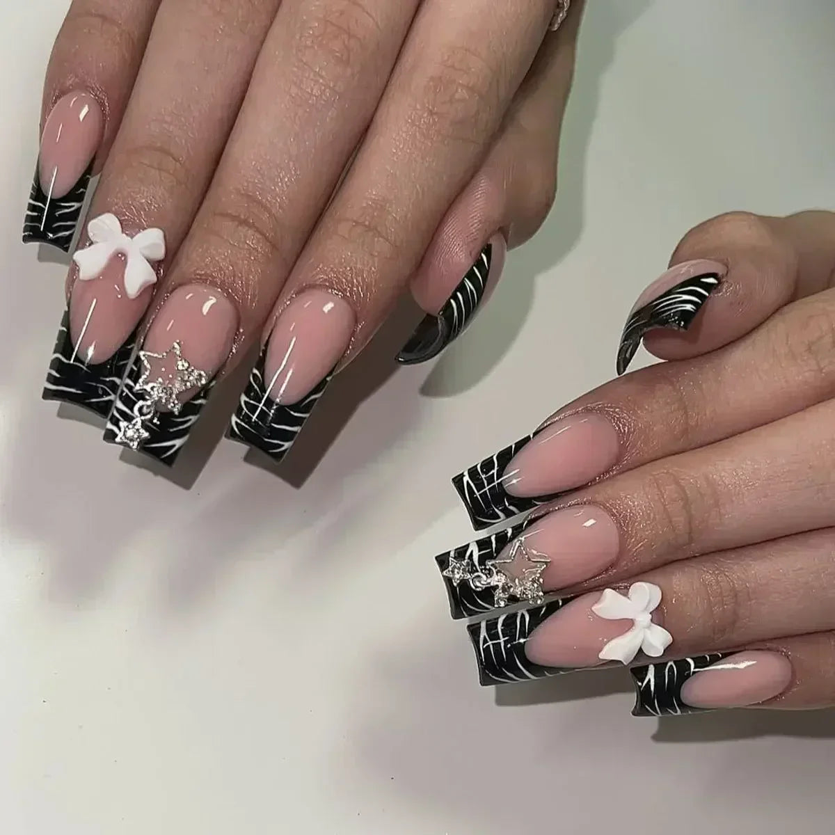 24Pcs French False Nails Pink Zebra Pattern Press on Nails Medium Square Coffin False Nails Y2k Artificial Full Cover Nail Tips