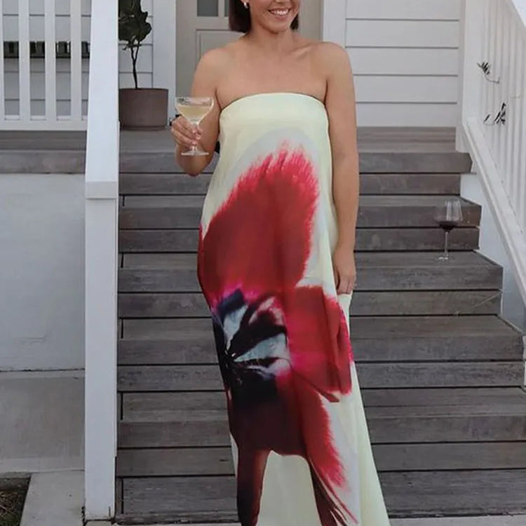 Vestido de praia chique com estampa floral e decote em V para mulheres, moda verão 2025, sem mangas, costas nuas, babados, vestidos midi, robes femininos para férias