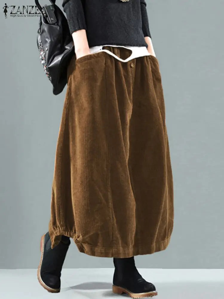 Women Corduroy Skirts Casual Elastic Waist Long Skirt Female Faldas Saia Autumn Vintage Solid Jupe Vestidos Oversize