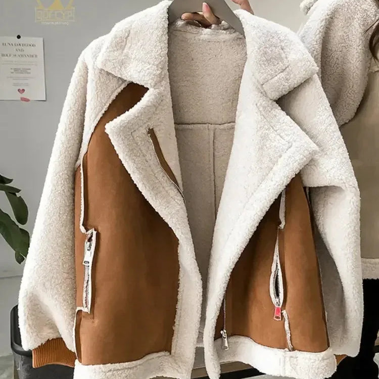 Spring Women's Coat Fashion Imitation Lamb Wool Long Sleeved Loose Top Temperament Vintage Casual Patchwork Soft Jacket