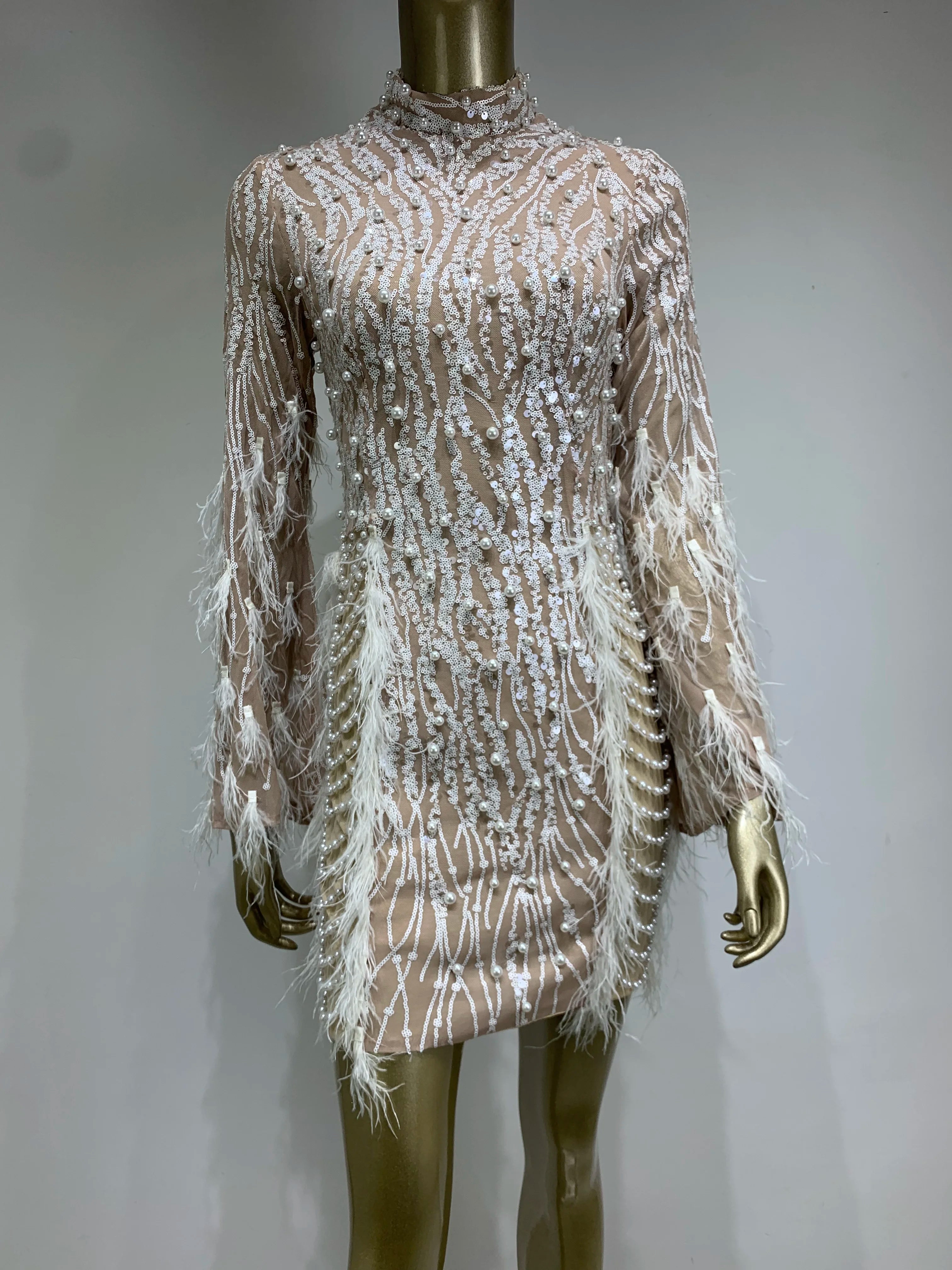 Women Celebrity Sexy Long Sleeve Feather White Mini Pearl Bodycon Gowns Dress 2024 Elegant Evening Party Club Dress