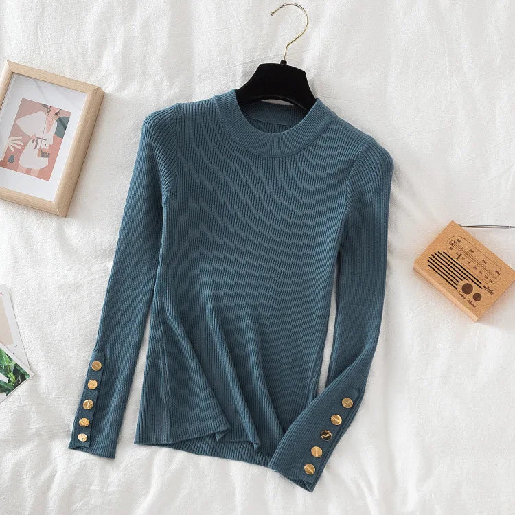 Thick Sweater Pullovers Long Sleeve Tops Women Autumn Winter Clothes Slim Knit Soft Jumper Streetwear Button Turtleneck Sweater blue-2 One Size