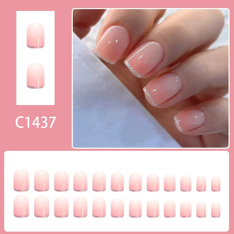 Sweet Girls Blush Pink False Nails 24Pcs Short Square Silver French Press On Nails Nude Color Wearable Fake Nails Patches
