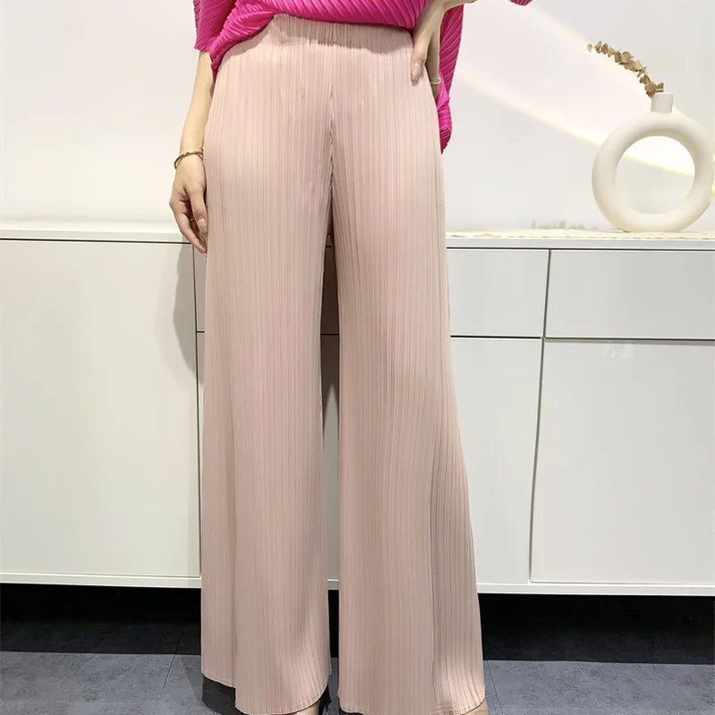 Summer Pants Women Hitching Piece Comfortable Casual New Loose Straight Pants Wide Leg High Waist Thin Pleated Pants Pink One Size