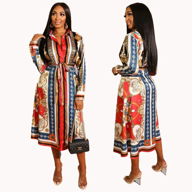 2020 Spring Summer Mid Calf Dress Long Sleeve Print Casual Beach Sashes Bandage Night Club Party Loose Midi Shirt Dresses GL887