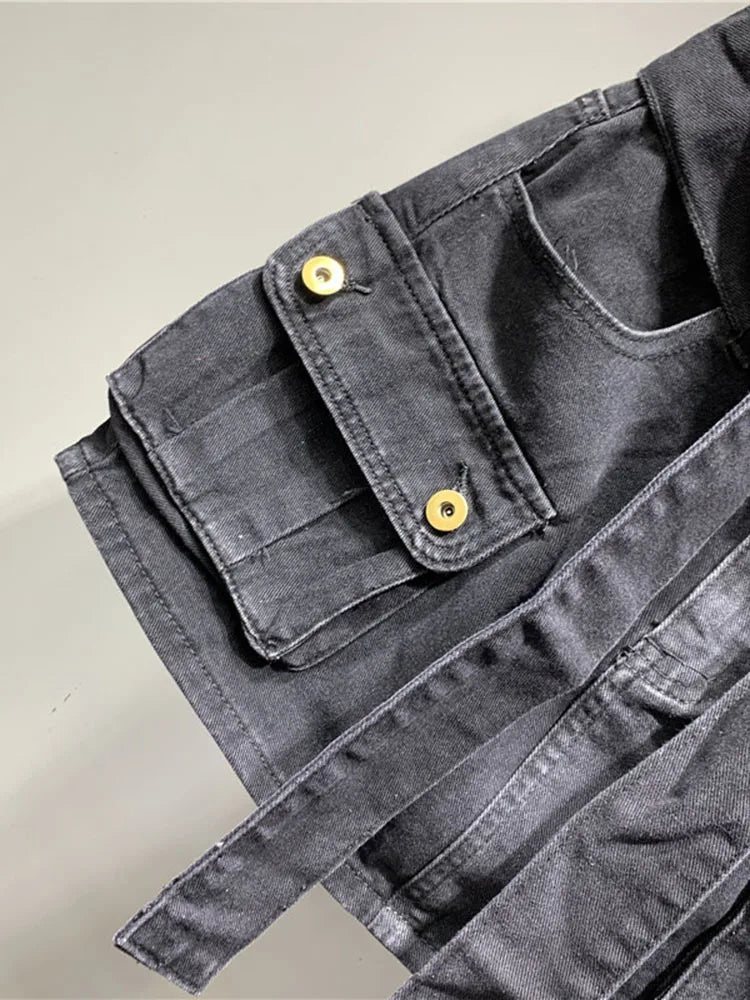 DEAT Fashion Belt Bandage Denim Mini Skirt Women Patchwork Pocket Cargo Wrap Hip Skirts Female Trend Spring New 11XX01119