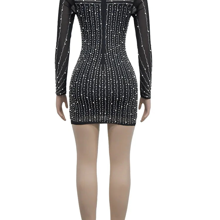 Beautiful Crystal Embellished Fringed Mini Dress Glam Womens Pearls Rhinestone Slim Short Party Dress Birthday Outfits