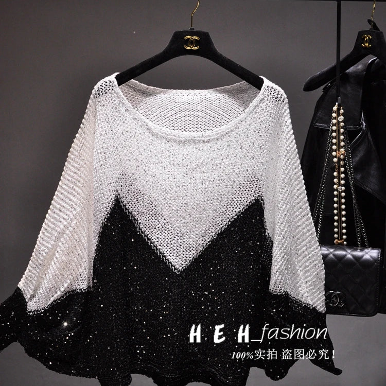 Yan Li Shinny Lurex Sweater Women Round Neck Long Jumper Casual Knit Pull Femme Pullover Bling Bling Sequin Sweater Black and white One Size