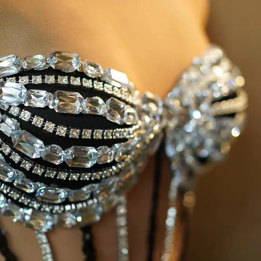 Women 2Pieces Set Strapless Bandage Short Dress Club Stage Show Sparkly Crystals Dress Celebrate Birthday Party Mini Dress Yanpi