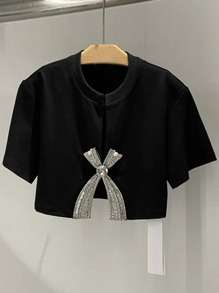 VGH Solid Patchwork Diamonds Split T Shirt For Women Round Neck Short Sleeve Slimming Minimalist T Shirts Female Fashion Style