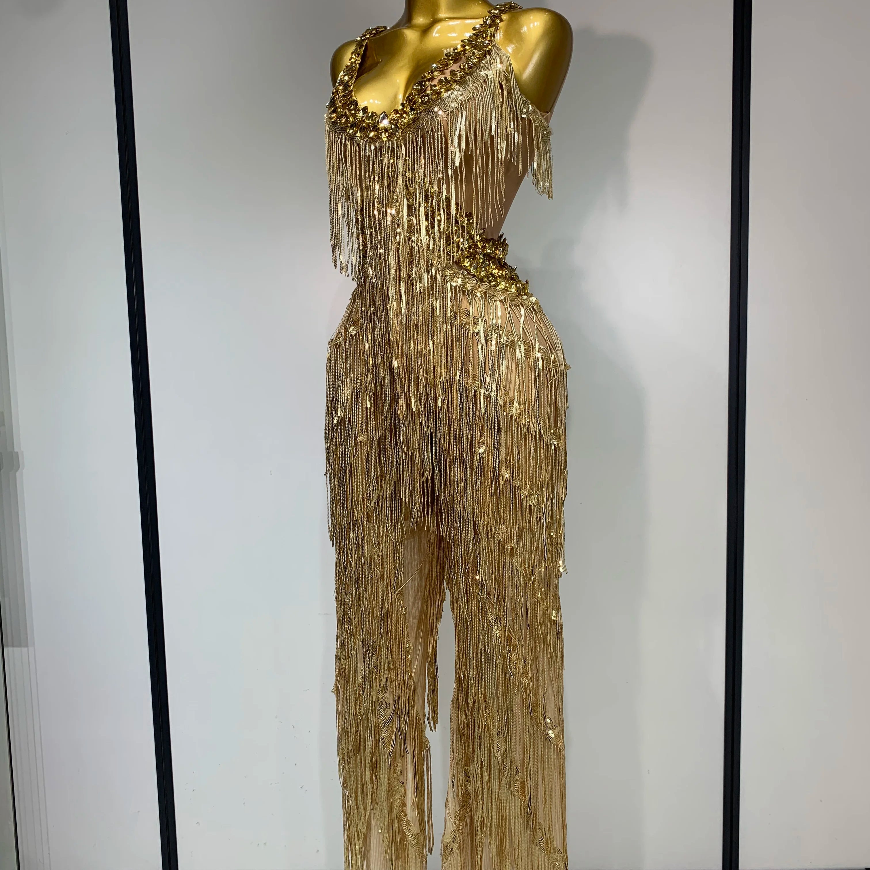 Women Sparkly Glod Rhinestones Sequined Fringe jumpsuit Sexy Nightclub Party Birthday Outfit Show Singer Stage Perform Costume