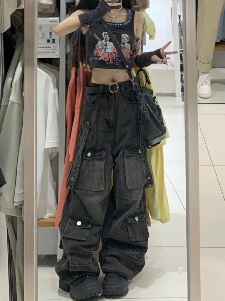 Y2K Cargo Jeans Pants Women Street Loose Oversize Panelled Pentacle Raw Hem Pant 2024 Vintage Blue Hip Hop Female Denim Trousers black
