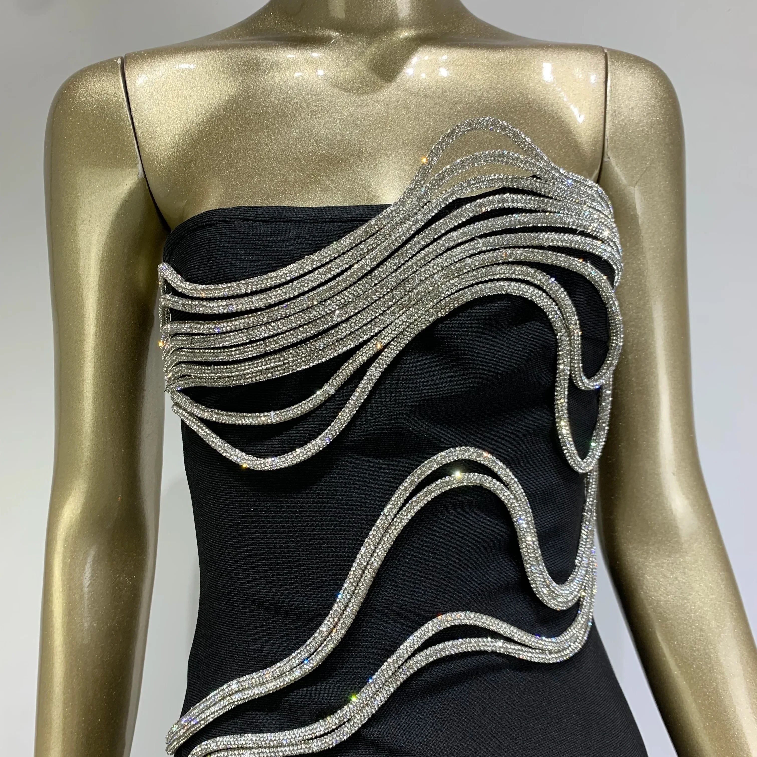 Vestido longo preto longo, sem alças, colado ao corpo, elegante, para festa noturna, celebridades, sexy, sem costas, diamantes