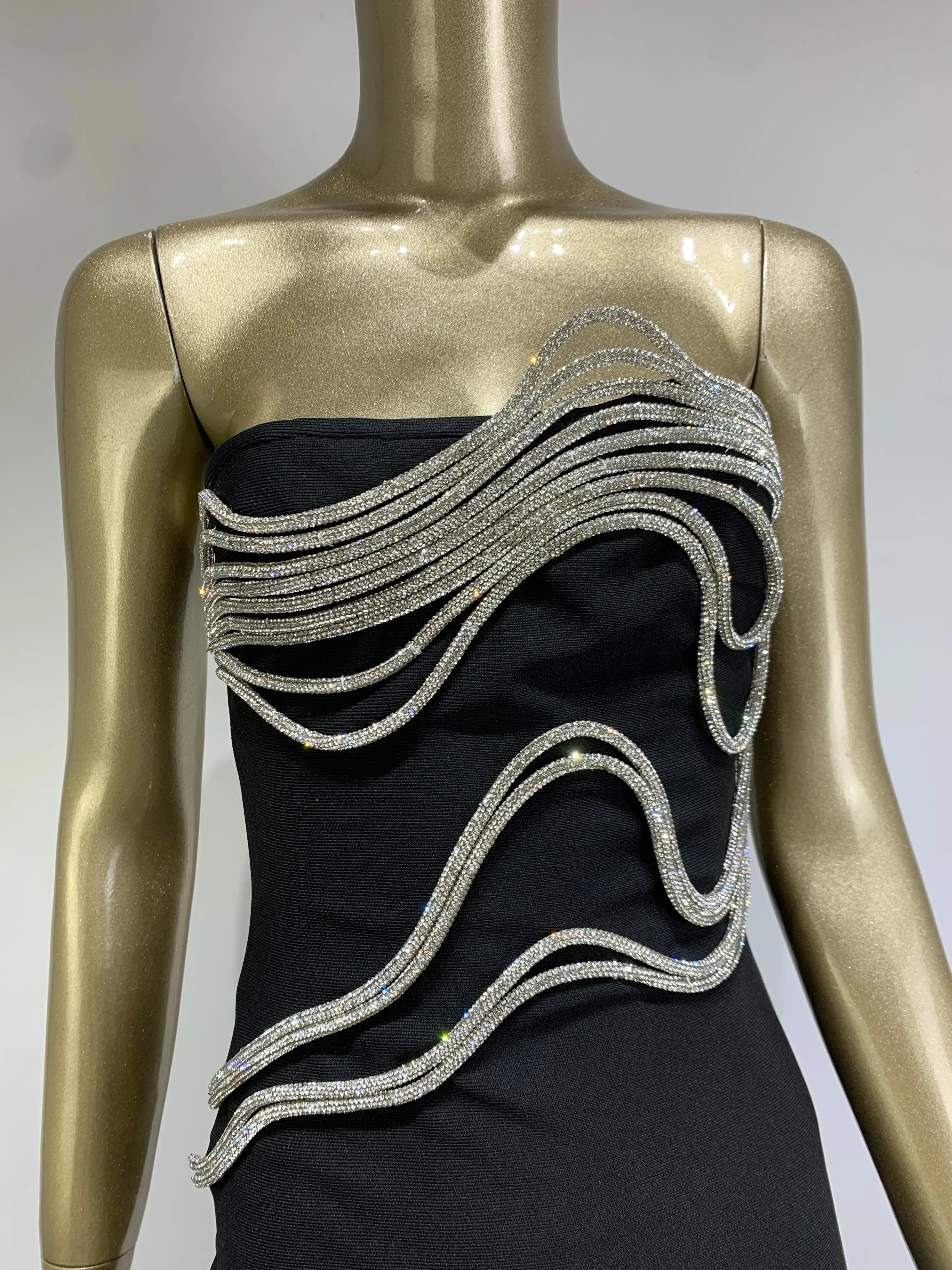 Vestido longo preto longo, sem alças, colado ao corpo, elegante, para festa noturna, celebridades, sexy, sem costas, diamantes