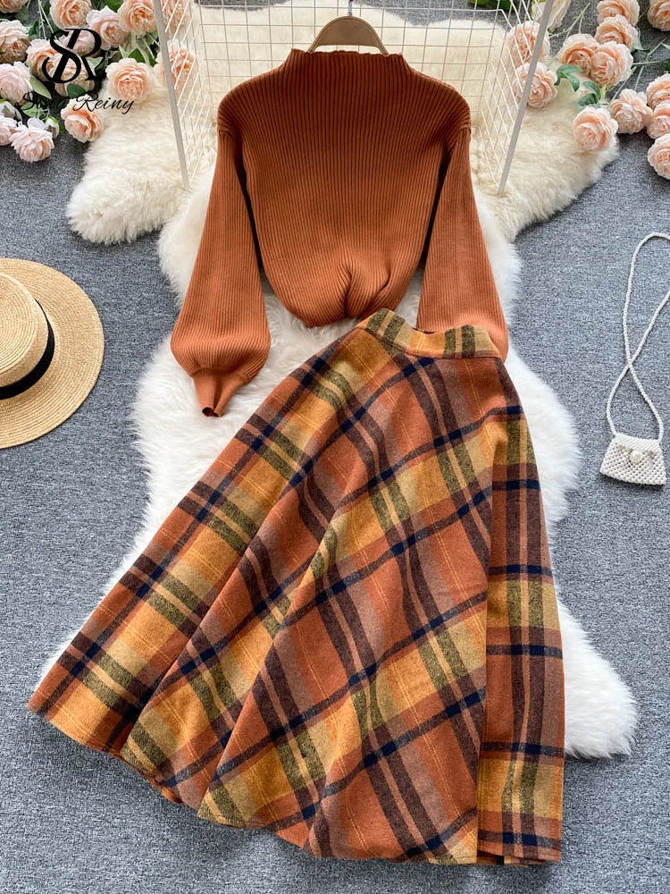 SINGREINY Women Retro Sweater Suits Fashion Lantern Sleeve Sheath Knitted Top+Elastic Loose Long Skirt Two Pieces Sets