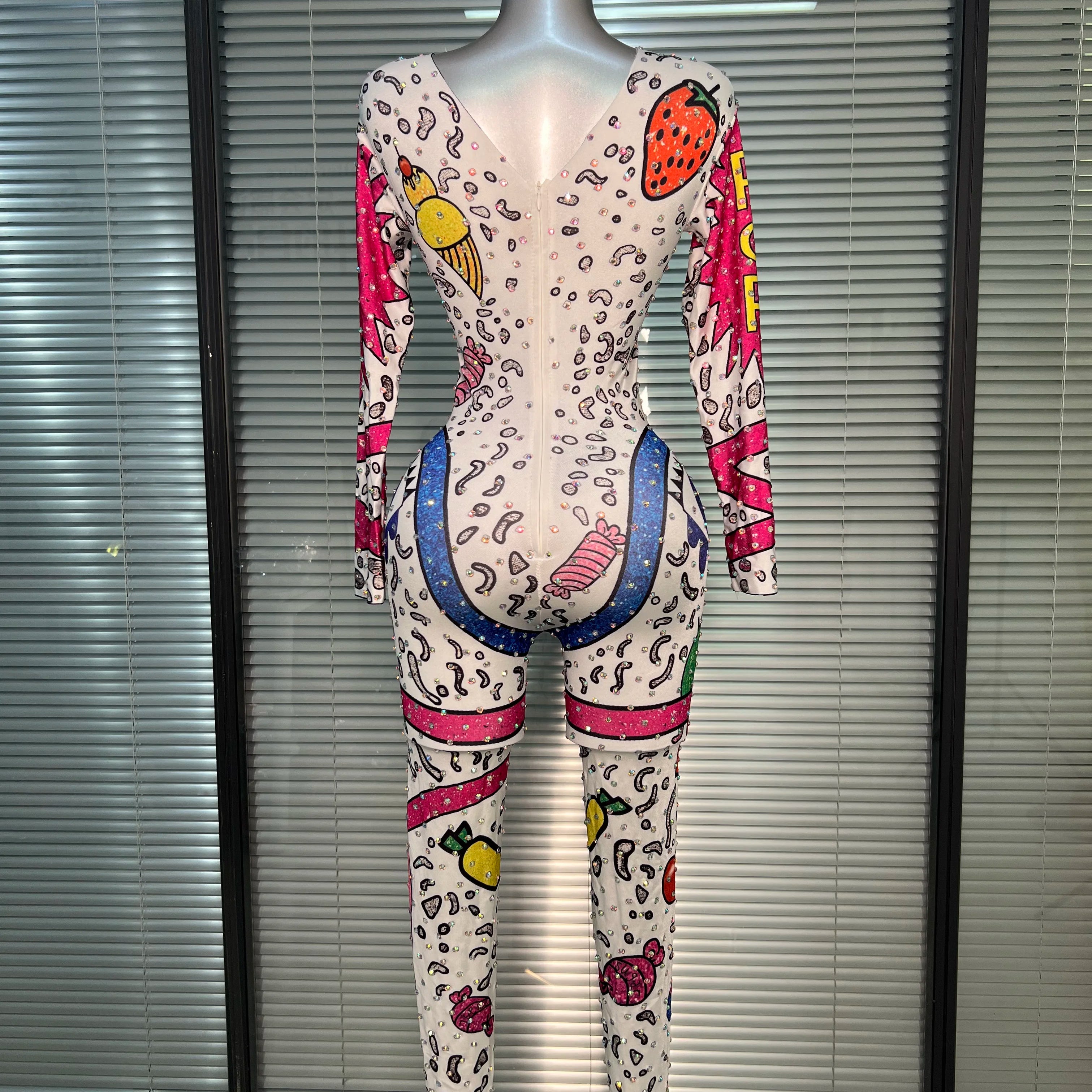 Women Sexy Crystal Stretchy Bodycon Jumpsuit Celebrity Designer Singer Dancer Print Night Club Rompers