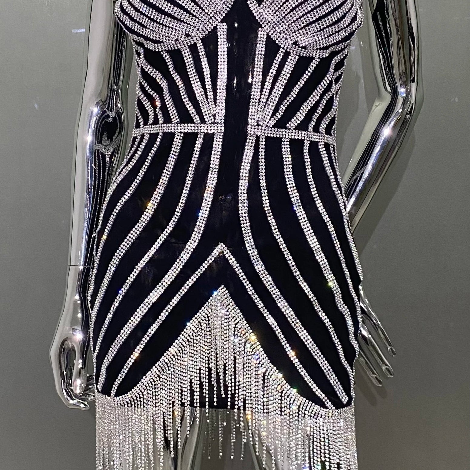 Luxury Shining Diamonds Tassel Strapless Mini Dress Celebrity Birthday Party Evening Dress Stage Performance Costume