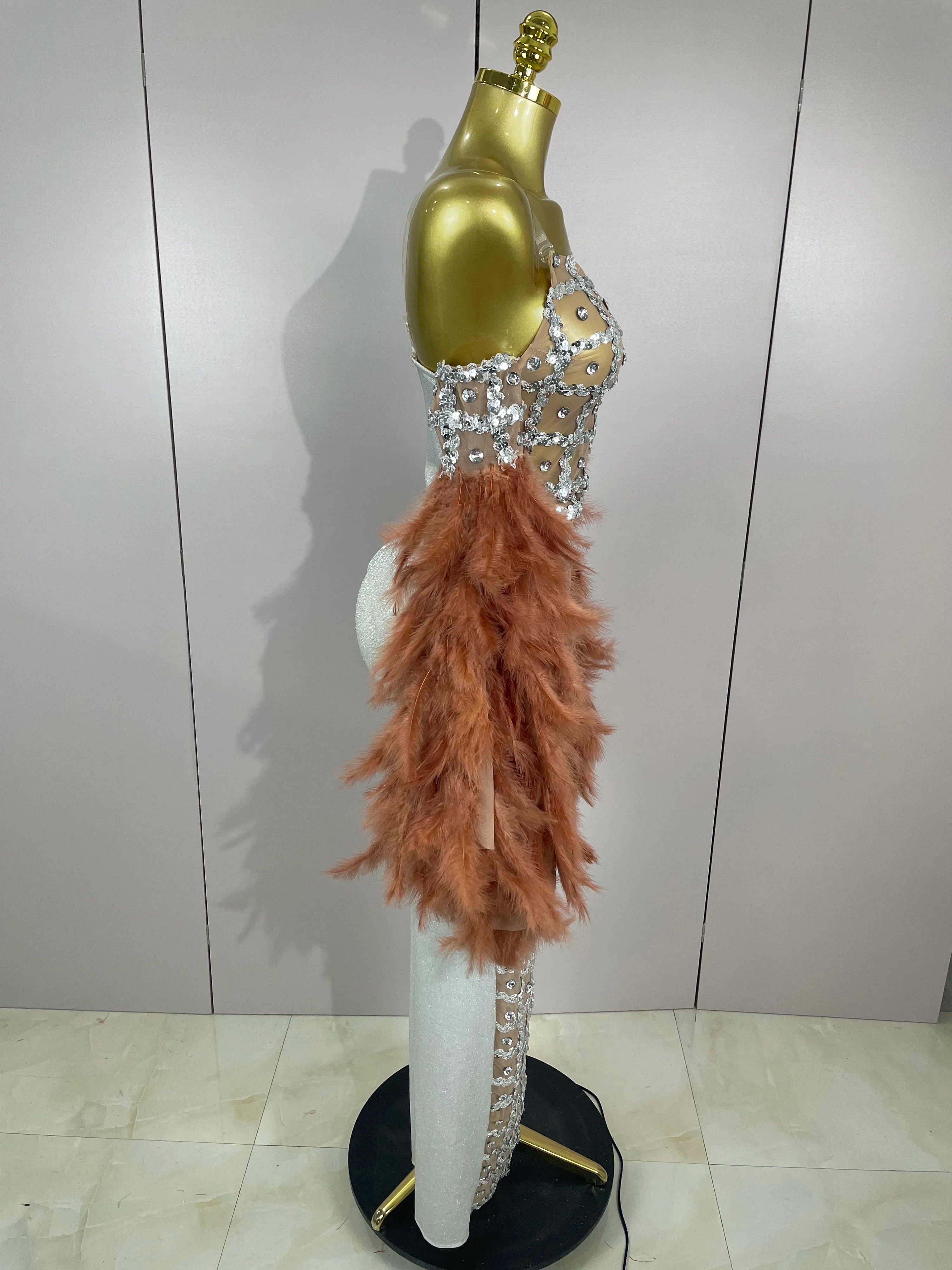 Luxury Sparkling Diamond Feather Mesh Tight Sexy Mesh Long Dress 2025 Women Birthday Party Nightclub Stage Performance Costume