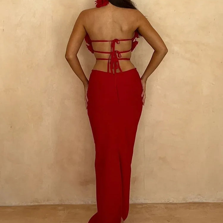 Vestido longo feminino sexy, estilo celebridade, frente única, com decote em V, sem costas, flor vermelha, maxi, bandagem justa, elegante, roupa para festa noturna, 2025
