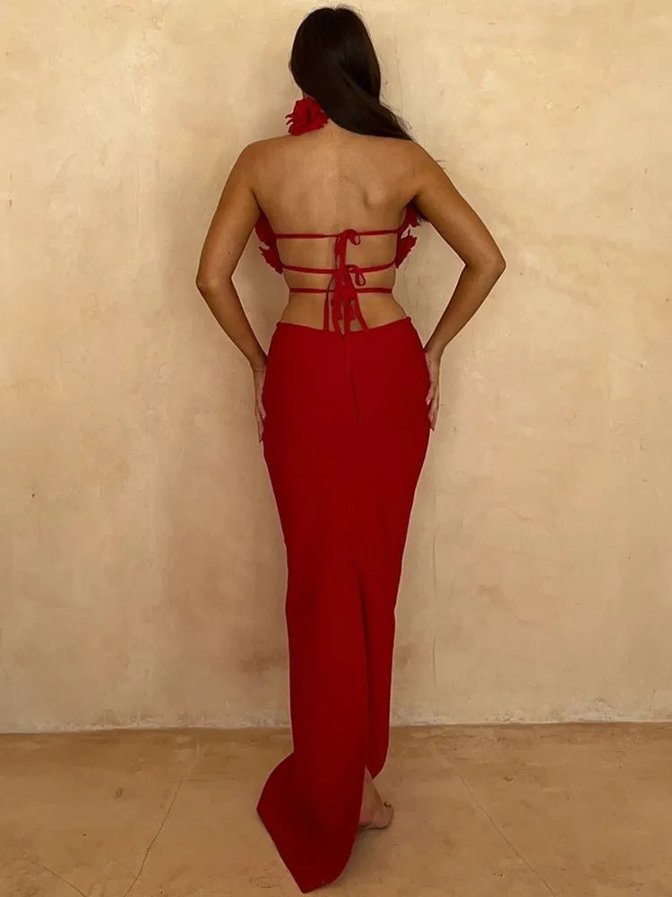 Vestido longo feminino sexy, estilo celebridade, frente única, com decote em V, sem costas, flor vermelha, maxi, bandagem justa, elegante, roupa para festa noturna, 2025