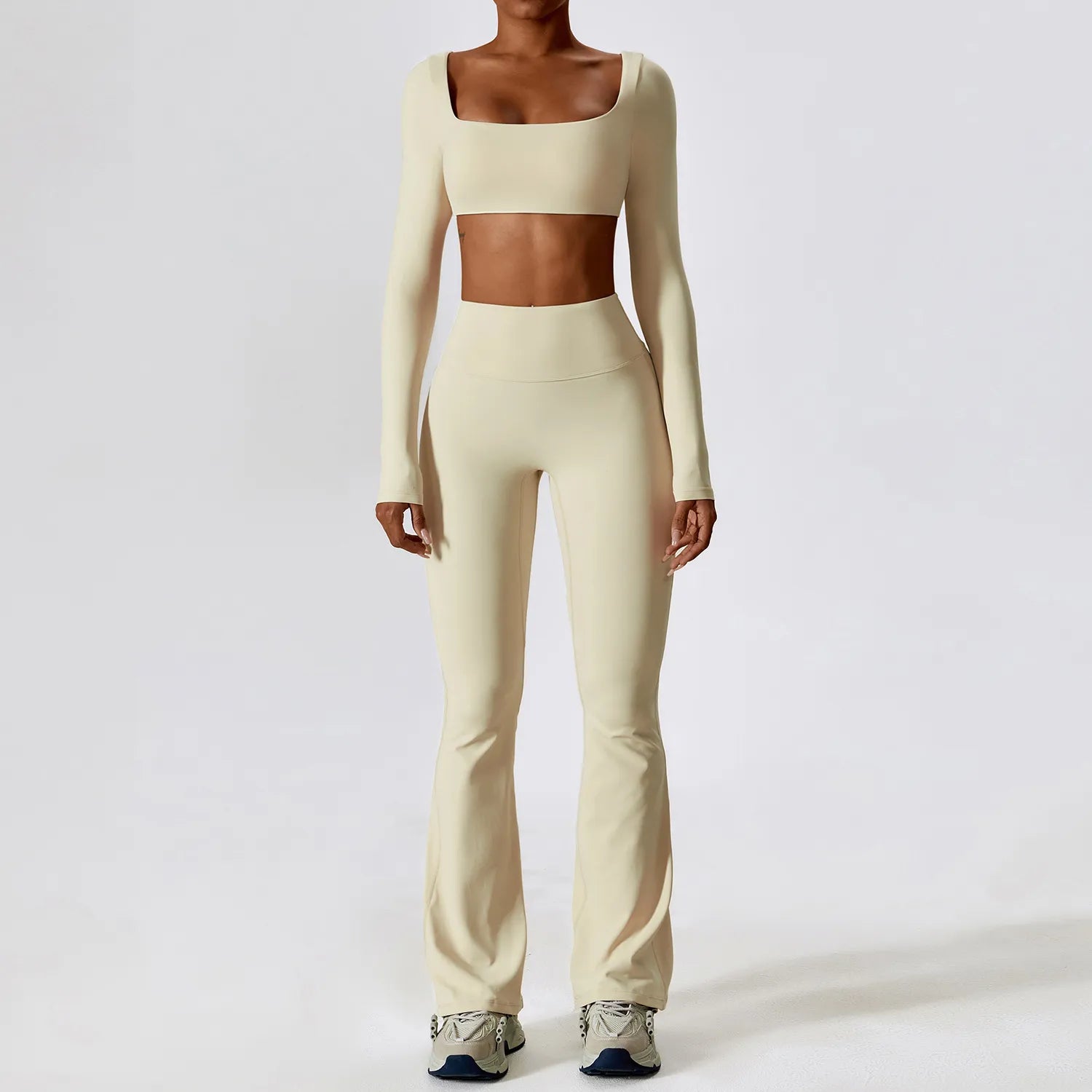 Yoga Set 2PCS Seamless Women Sportswear Workout Clothes Athletic Wear Gym Legging Fitness Bra Crop Top Long Sleeve Sports Suits Oat Apricot Set-3 CHINA