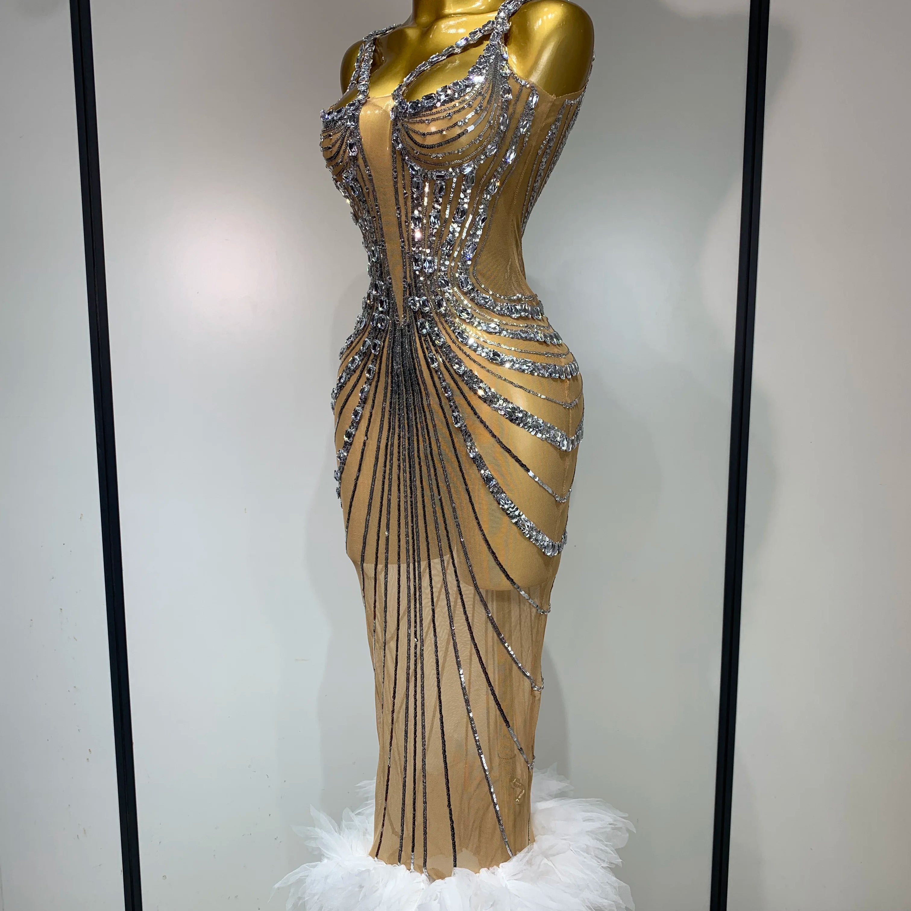 Sexy Silver Rhinestone White Mesh See Through Long Dress Women Luxury Birthday Party Prom Gown Singer Nightclub Stage Outfit