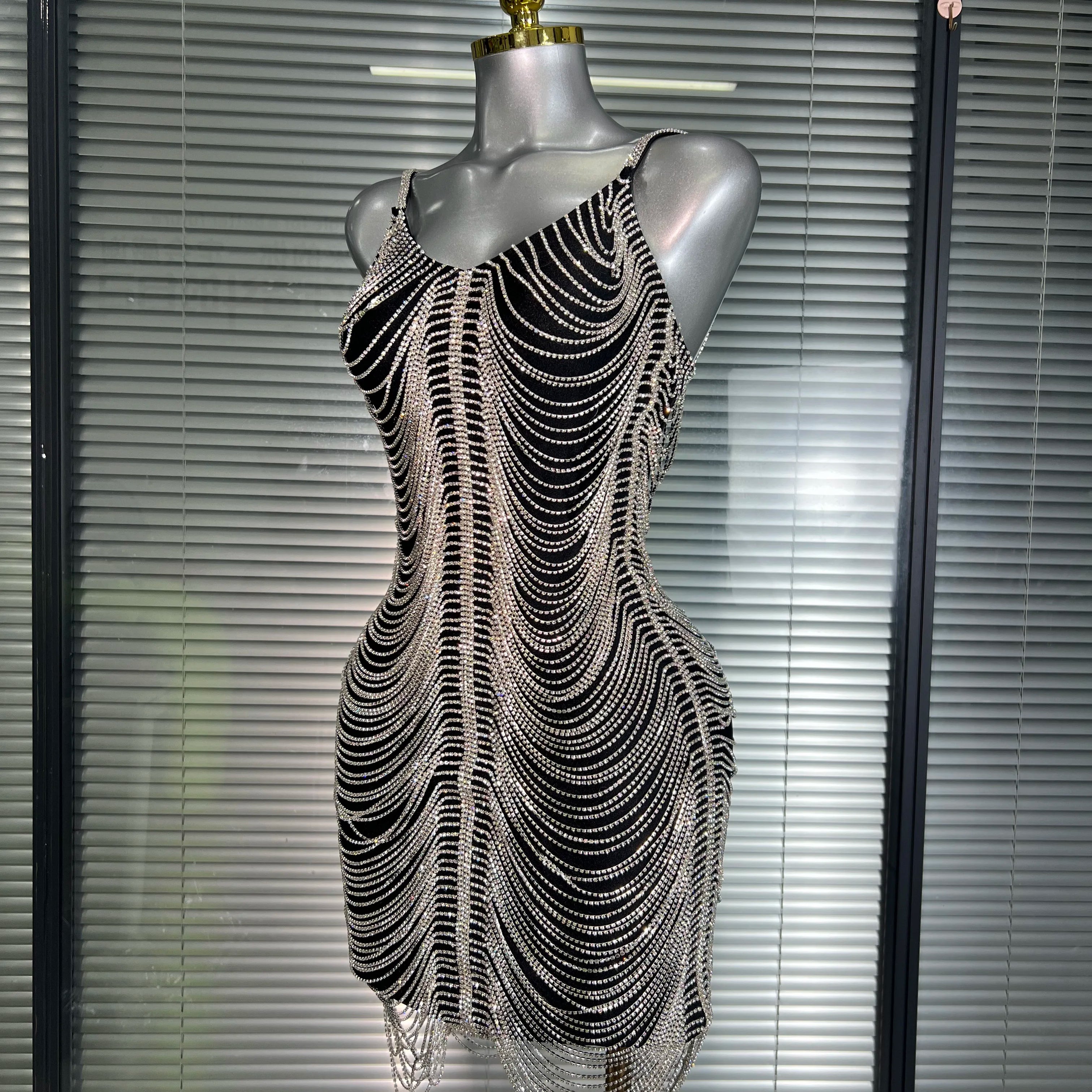 Ins Celebrity New Women Sexy Khaki Crystal Shining Mini Dress Stage Costume Dancer Singer Night Club Sparkly Party Dress