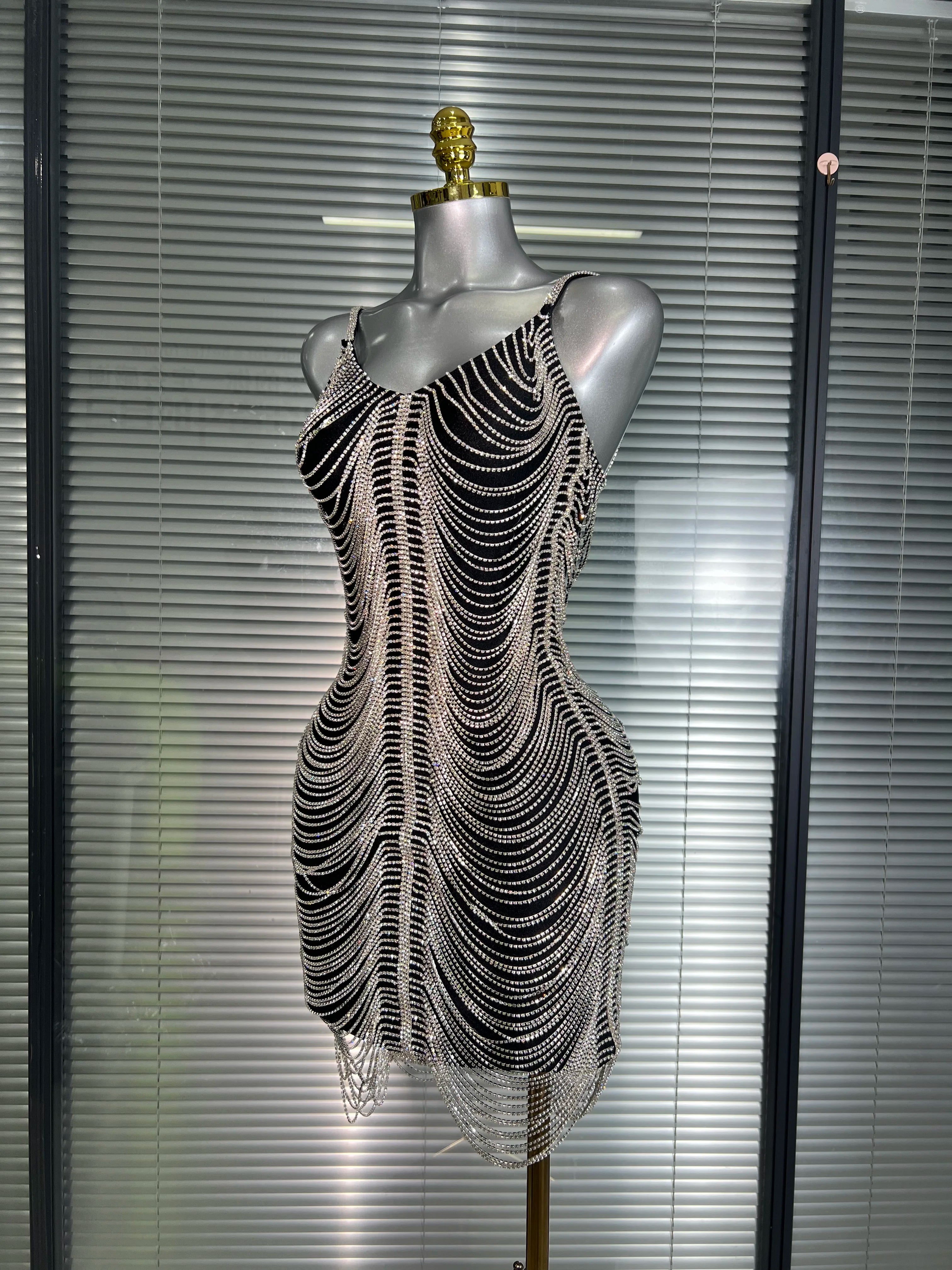 Ins Celebrity New Women Sexy Khaki Crystal Shining Mini Dress Stage Costume Dancer Singer Night Club Sparkly Party Dress