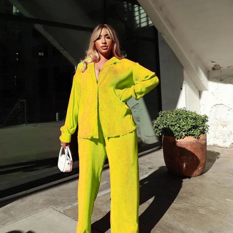 CM.YAYA Pleated Solid Women Set Long Sleeve Shirts and Straight Wide Leg Pants Suits Tracksuit Two Piece Set Fitness Outfits