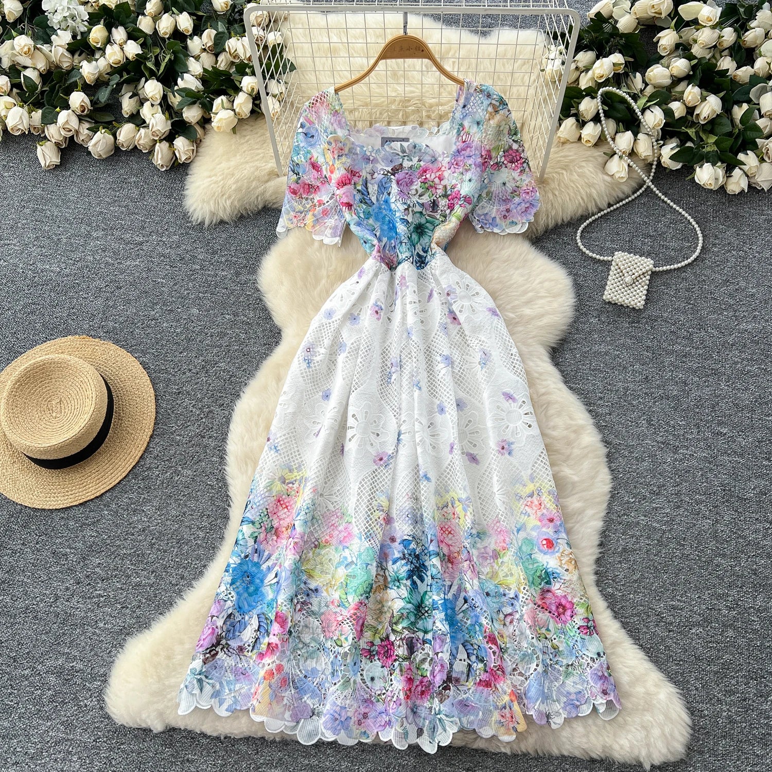 Hook flower hollow lace pleated Elegant Bodycon Dress Slim Party Club Vintage Dress Korean Fashion Women Clothes