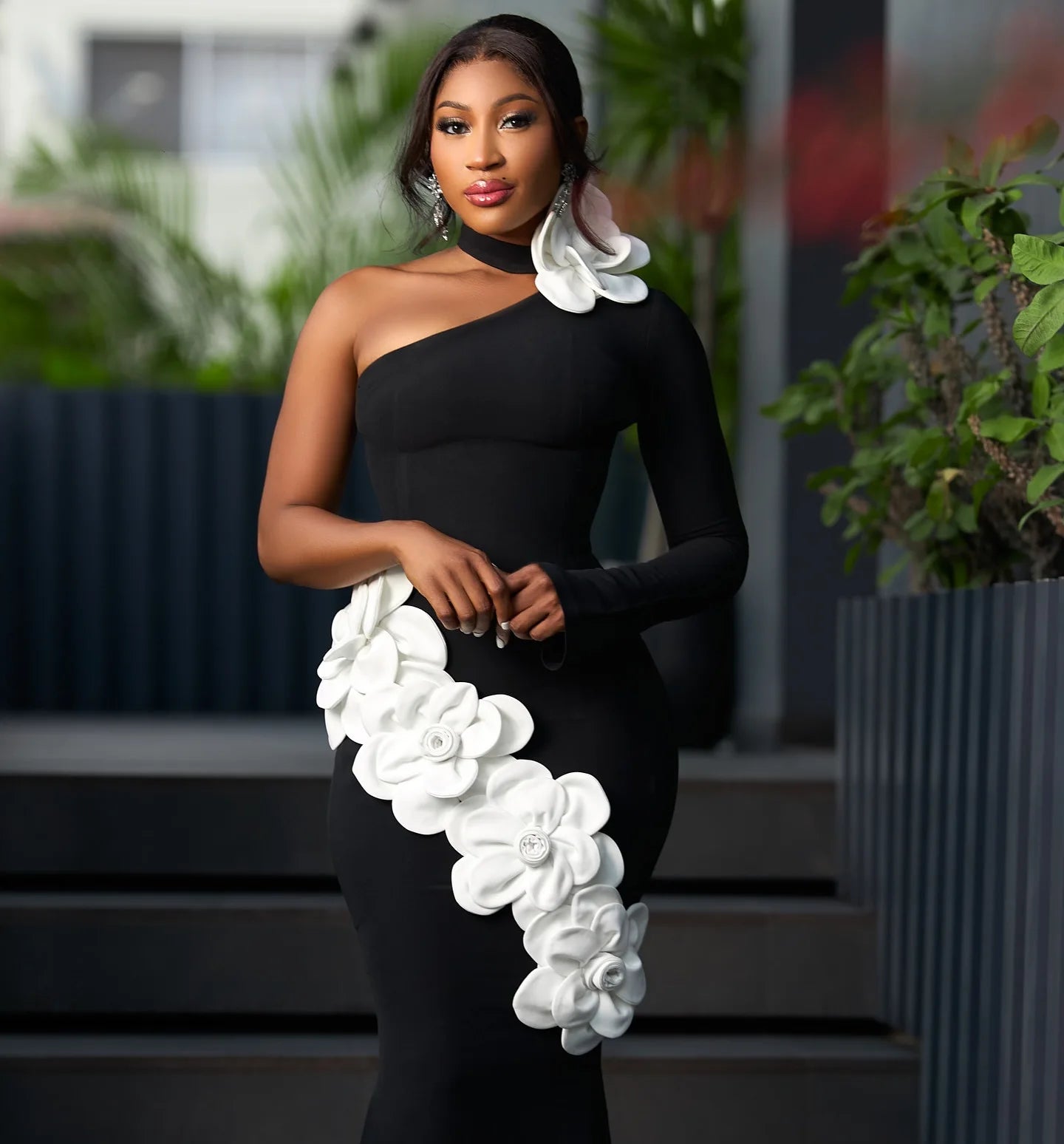 High Quality Women Sexy One Sleeve White Florals Bodycon Long Bandage Dress Fashion Nightclub Party Cocktail Outfit Vestido