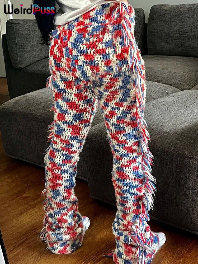 Weird Puss Knit Colorful Plaid Pants Women Fall Trend Skinny Stretch Side Furry Casual Trousers Wild Hipster Streetwear Bottoms Red