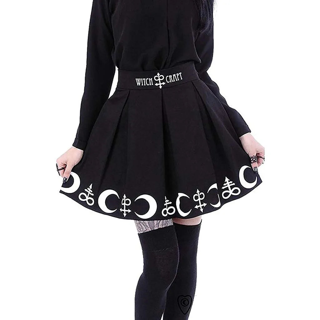 Women Gothic Punk Witchcraft Moon Spell Pleated Mini Skirt Faldas Gothic Kawaii Big Size Mini Short Skirt Korean Fashion